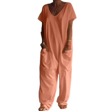 Jumpsuits for Women V Neck Short Sleeve Jumpsuit-Orange XXL