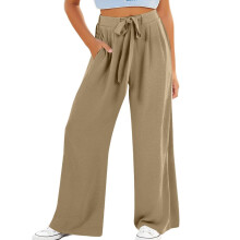 Women's cotton and linen wide-leg pants with drawstring-Khaki S