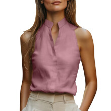 Women Sleeveless V Neck Top Vintage Vacation Beach-Pink XL