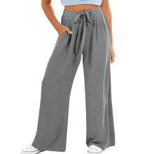 Women's cotton and linen wide-leg pants with drawstring-Gray S