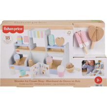 Fisher-Price Wood Pretend Play Toy Ice Cream Shop Set, 18-Piece Wooden Food Playset for Preschool Kids Ages 3+ Years