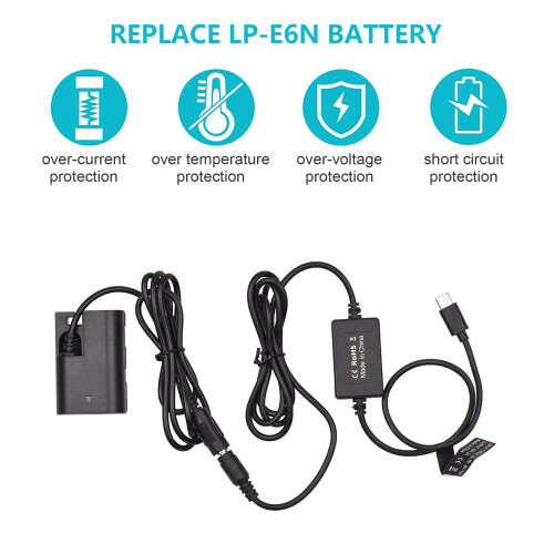 PD USB-C DR-E6 dummybatterij voor Canon EOS5D/60D/70D/80D 2