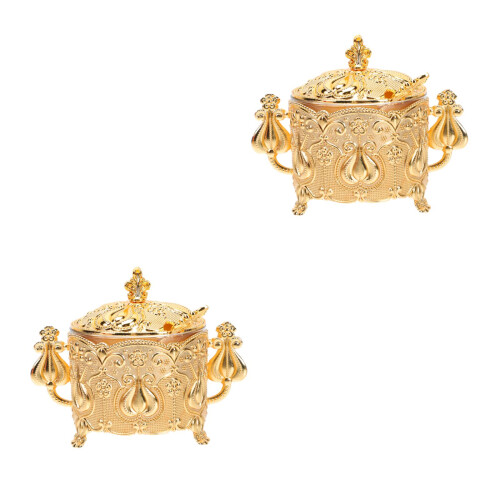 2Sets Gold Seasoning Jar with Spoon Condiment Storage Pot