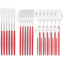 Mirror Cutlery Set 18/0 Stainless Steel Red Handles 24-Piece