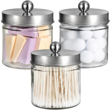 Lot de 3 porte-cotons-tiges en verre avec couvercles en nickel brossé