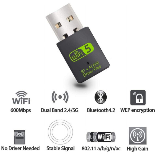 Προσαρμογέας Bluetooth USB WiFi για υπολογιστή, διπλής ζώνης 600Mbps 1
