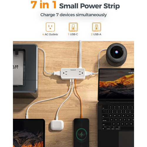 Επίπεδη πρίζα 5ft Πολύπριζο με 4 πρίζες AC, 1 USB-C & 2 1