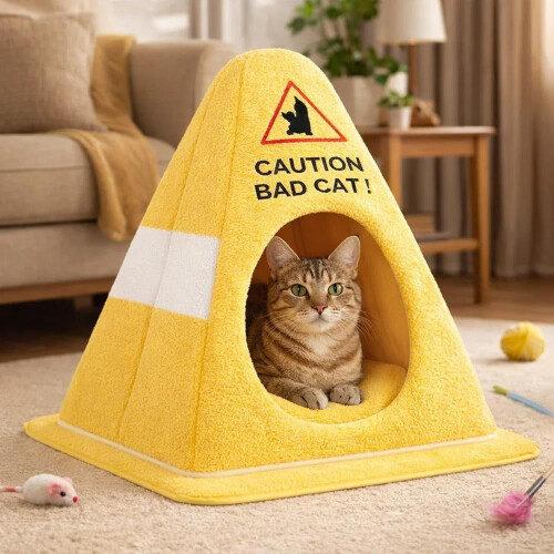 Κρεβάτι γάτας "Caution Bad", σχήμα κώνου κυκλοφορίας, φερμουάρ, αφαιρούμενο 1