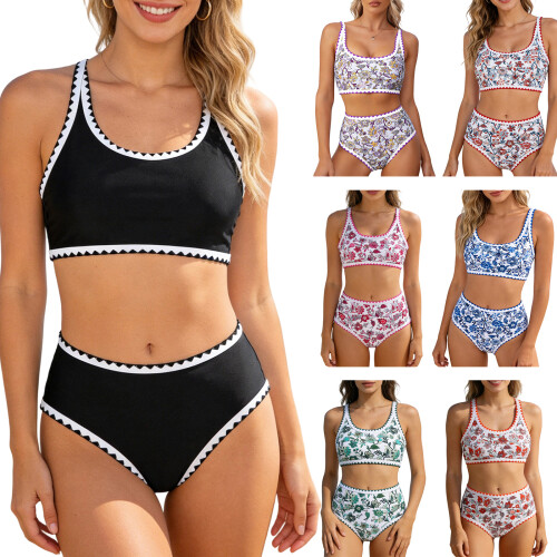 Modern Pattern Tankini Set Stretchy Polyester-green flowers L 1