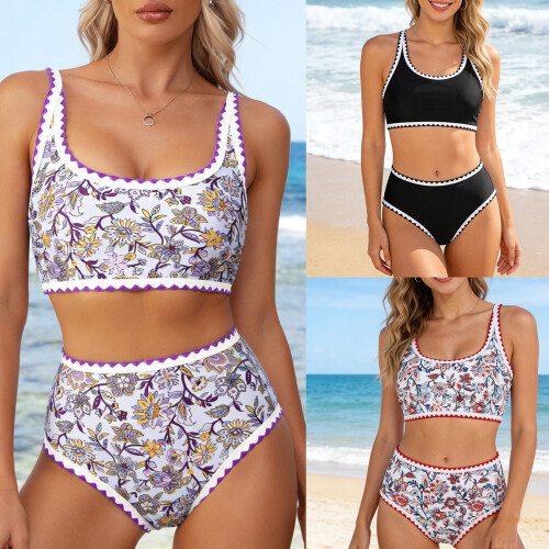 Modern Pattern Tankini Set Stretchy Polyester-green flowers L 2