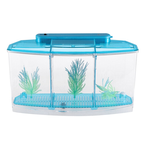 Mini aquário de plástico azul com design de 3 grades. 1