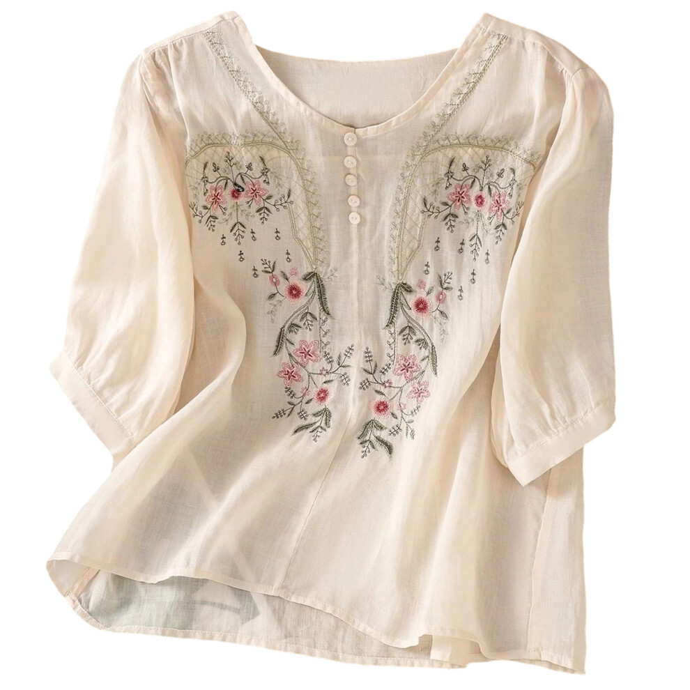 Women's Bohemian Floral Embroidery Cotton Linen-apricot XXXL
