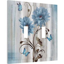 Plaque d'interrupteur double en bois rustique à motif de marguerites bleues