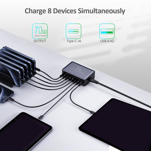 Κόμβος φόρτισης USB-C 70W 8 θυρών με 2 τροφοδοτικά 20W 1