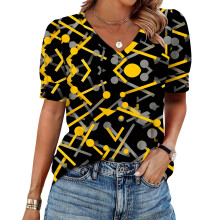Women's Short Sleeve Button-Down V-Neck Shirts rSets-Black XXL