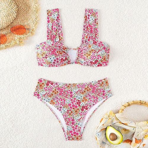 2-teiliges Damen-Set, Badeanzug mit Blumendruck, Bügel,-Pink M 1