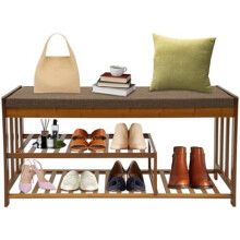 Banc à chaussures en bambou avec assise rembourrée et rangement