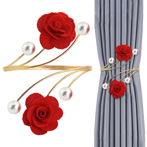 Embrasses de rideaux dorées, roses et perles – Paire