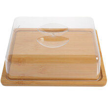 Suporte para bolo em bambu e acrílico com tampa em forma de cúpula.