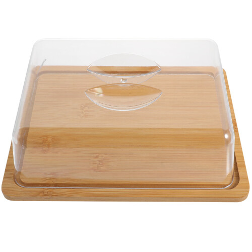 Suporte para bolo em bambu e acrílico com tampa em forma de cúpula.