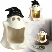 Bol ceramic pentru bomboane de Halloween cu suport pentru lumânări cu fantomă