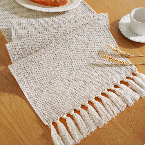Chemin de table rustique à pompons, beige, 33 x 183 cm