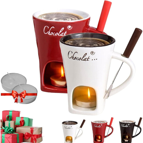 Keramik-Schokoladenfondue-Becher-Set mit 2 Gabeln