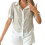Women's short-sleeved puff sleeve blouse, button-down-Khaki L 1