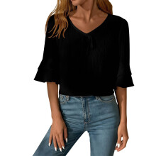 Women Lightweight Polyester Shirt Feature V Neck Design-Black M