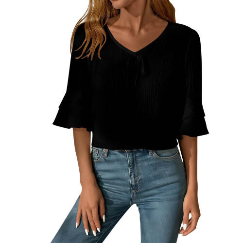 Women Lightweight Polyester Shirt Feature V Neck Design-Black M