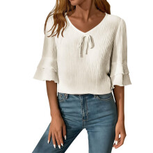 Ruffled Half Sleeves Tie Front Casual Summer Women-White XL