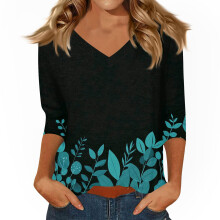 Women Sleeve V-Neck Casual Outing Shirt Loose Fit-blue XXXL