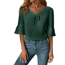 Women Lightweight Polyester Shirt Feature V Neck Design-Green M