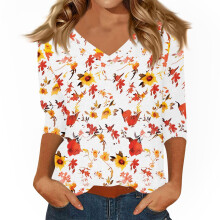 Women Sleeve V-Neck Casual Outing Shirt Loose Fit-Red XL