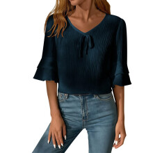 Soft Touch Polyester Women Blouse Feature V Neck-dark blue XL