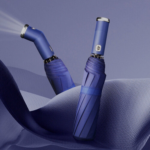 Parapluie avec lampe torche LED rotative, coupe-vent et pliable