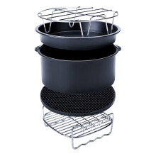 Accessoireset voor airfryer: metalen houder, spiesjesrek, taartvorm.