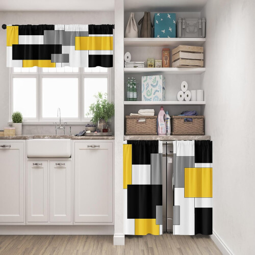 Kitchen Curtains Yellow Grey Abstract Style 36 inch Rod 1