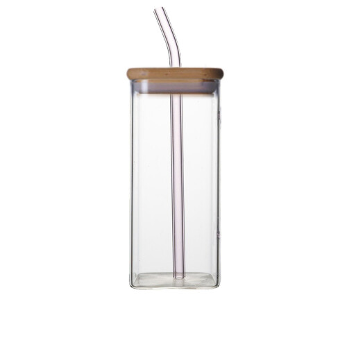 Firkantet glaskop med låg og sugerør, 400 ml 1