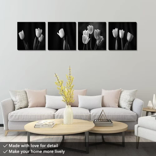 Conjunto de quadros de parede em tela com tulipas em preto e branco, 4 painéis de 40x40 cm (16x16 polegadas). 2