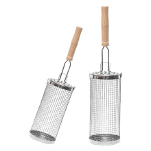 Stainless Steel Rotating BBQ Grill Basket With Wooden Handle-SL