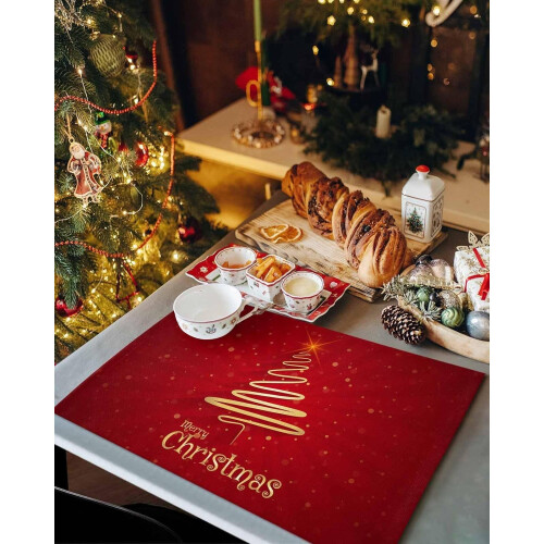 Kerstboom placemats van linnen, rood, antislip, set van 6 2