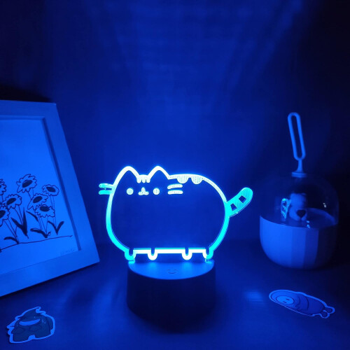 Veilleuse LED 3D en forme de chat avec télécommande et socle noir
