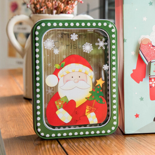 Lata quadrada de doces de Natal com detalhes dourados.