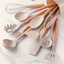 Ustensiles de cuisine en silicone avec manches en bois, lot de 12