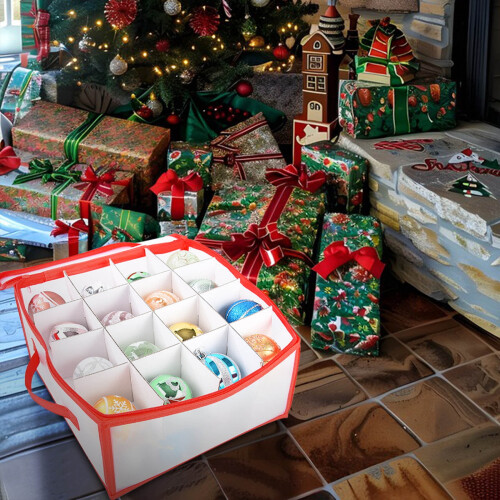 Caixa de plástico para guardar enfeites de Natal, com 2 bandejas e 32 bolas. 1