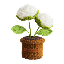 Artificial Crocheted Rose Potted Plant Double Headed-White