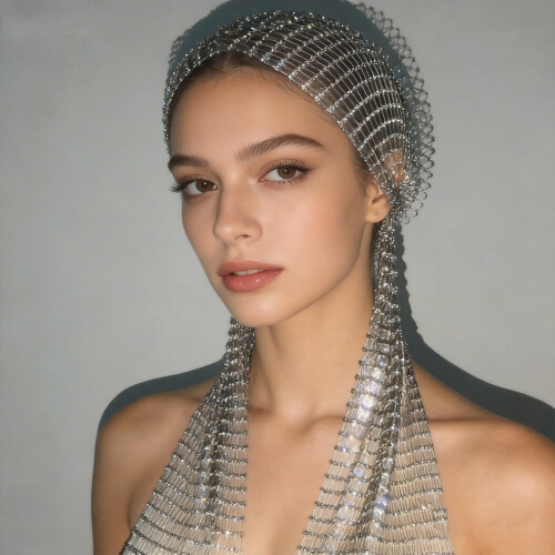Elegant Handmade Crystal Embellished Fishnets Scarf-Silver 90cm 1