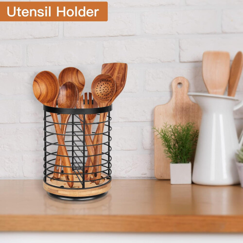 Suporte para utensílios de cozinha com base giratória de bambu. 2