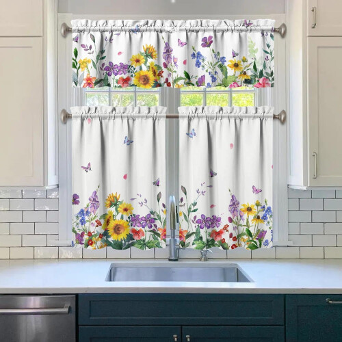 Spring Floral Kitchen Curtain Valance Set 3 pcs 2